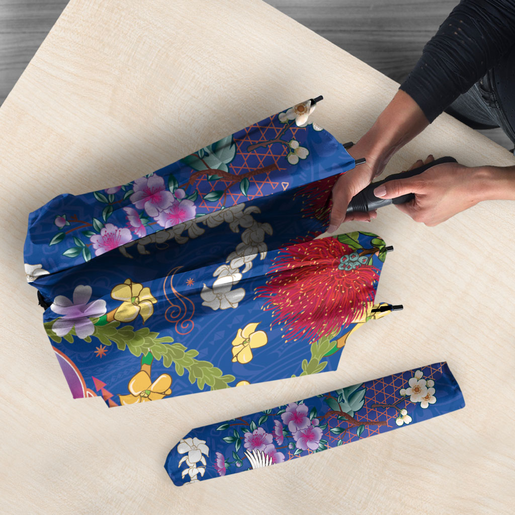Hawaiian and Japanese Culture Together Umbrella Kakau Tribal Pattern and Irezumi Art Blue Color LT03 - Polynesian Pride