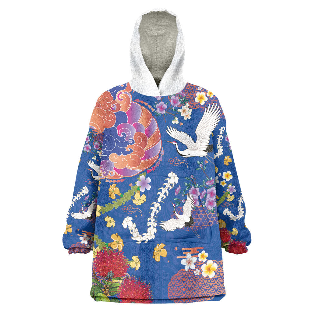 Hawaiian and Japanese Culture Together Wearable Blanket Hoodie Kakau Tribal Pattern and Irezumi Art Blue Color LT03 One Size Blue - Polynesian Pride