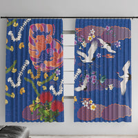 Hawaiian and Japanese Culture Together Window Curtain Kakau Tribal Pattern and Irezumi Art Blue Color LT03 With Hooks Blue - Polynesian Pride