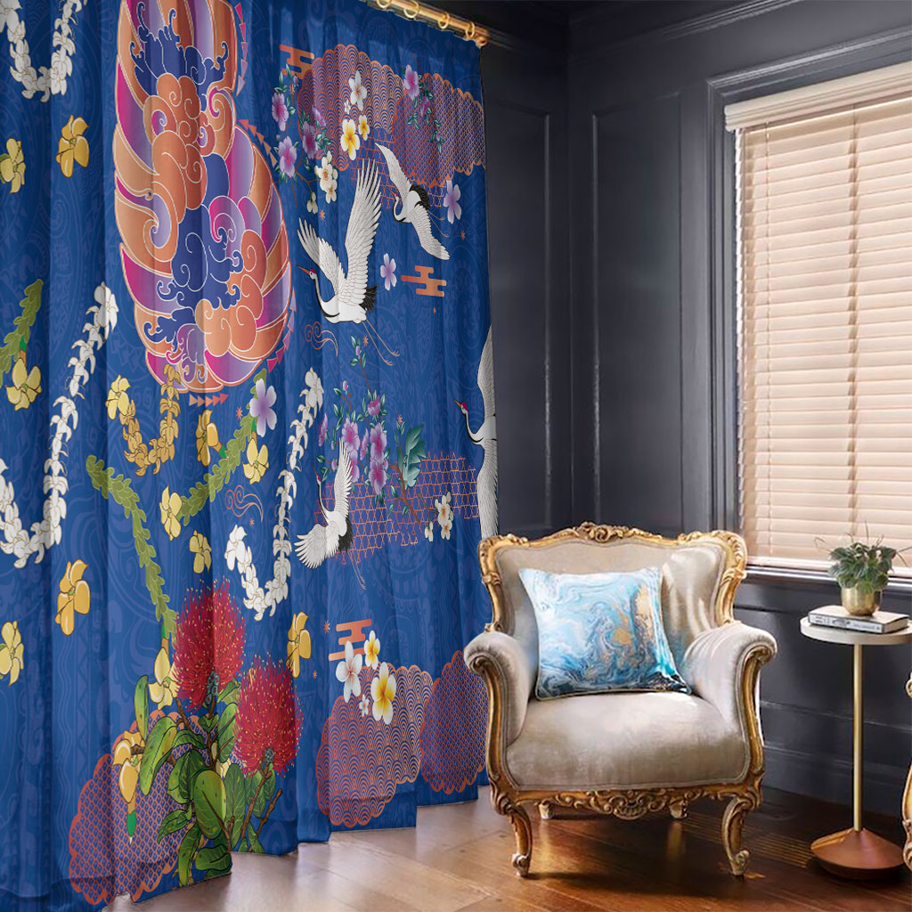Hawaiian and Japanese Culture Together Window Curtain Kakau Tribal Pattern and Irezumi Art Blue Color LT03 - Polynesian Pride