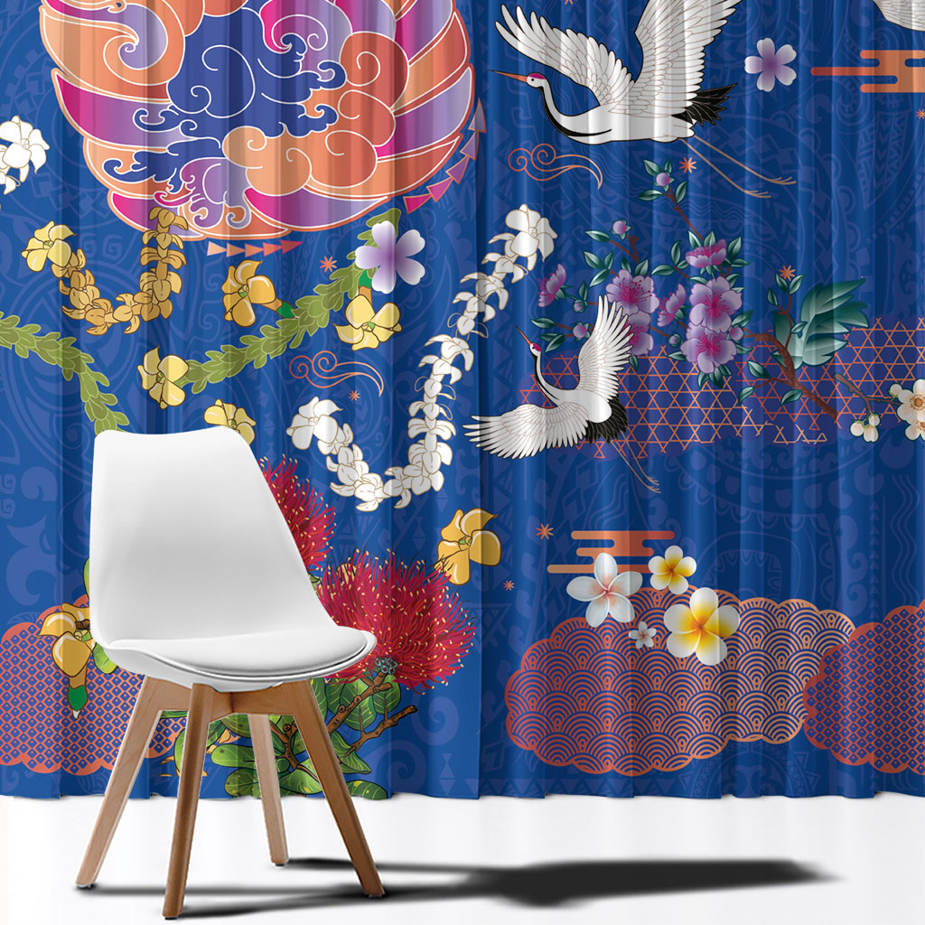 Hawaiian and Japanese Culture Together Window Curtain Kakau Tribal Pattern and Irezumi Art Blue Color LT03 - Polynesian Pride