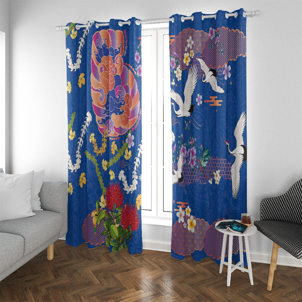 Hawaiian and Japanese Culture Together Window Curtain Kakau Tribal Pattern and Irezumi Art Blue Color LT03 With Grommets Blue - Polynesian Pride