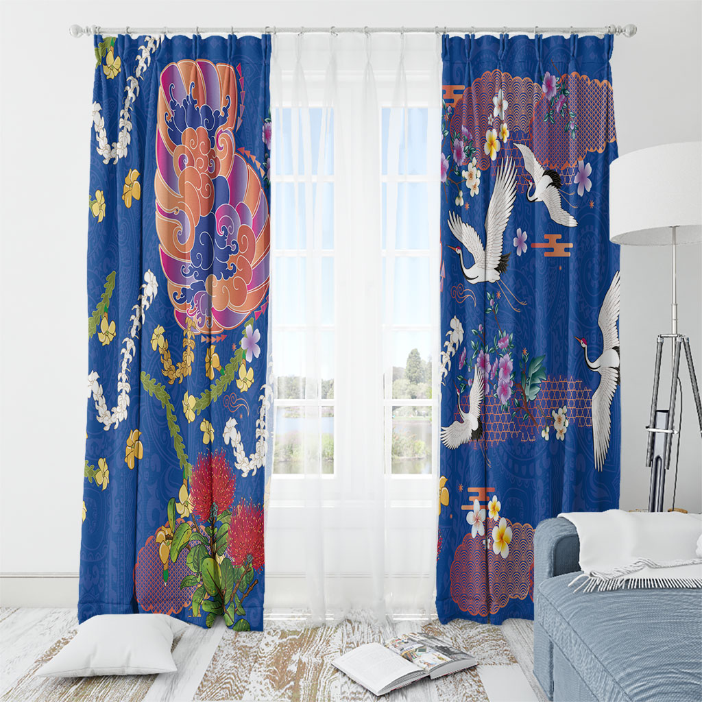 Hawaiian and Japanese Culture Together Window Curtain Kakau Tribal Pattern and Irezumi Art Blue Color LT03 - Polynesian Pride