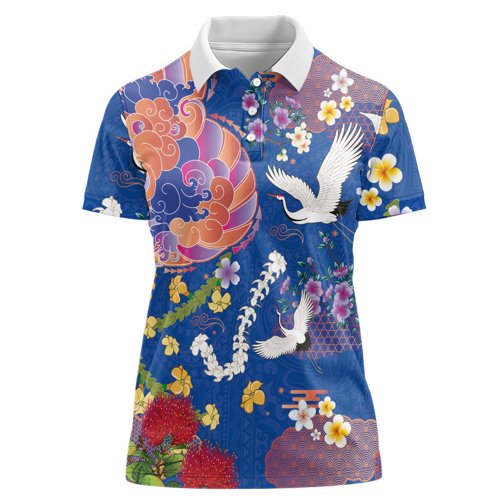Hawaiian and Japanese Culture Together Women Polo Shirt Kakau Tribal Pattern and Irezumi Art Blue Color LT03 Female Blue - Polynesian Pride