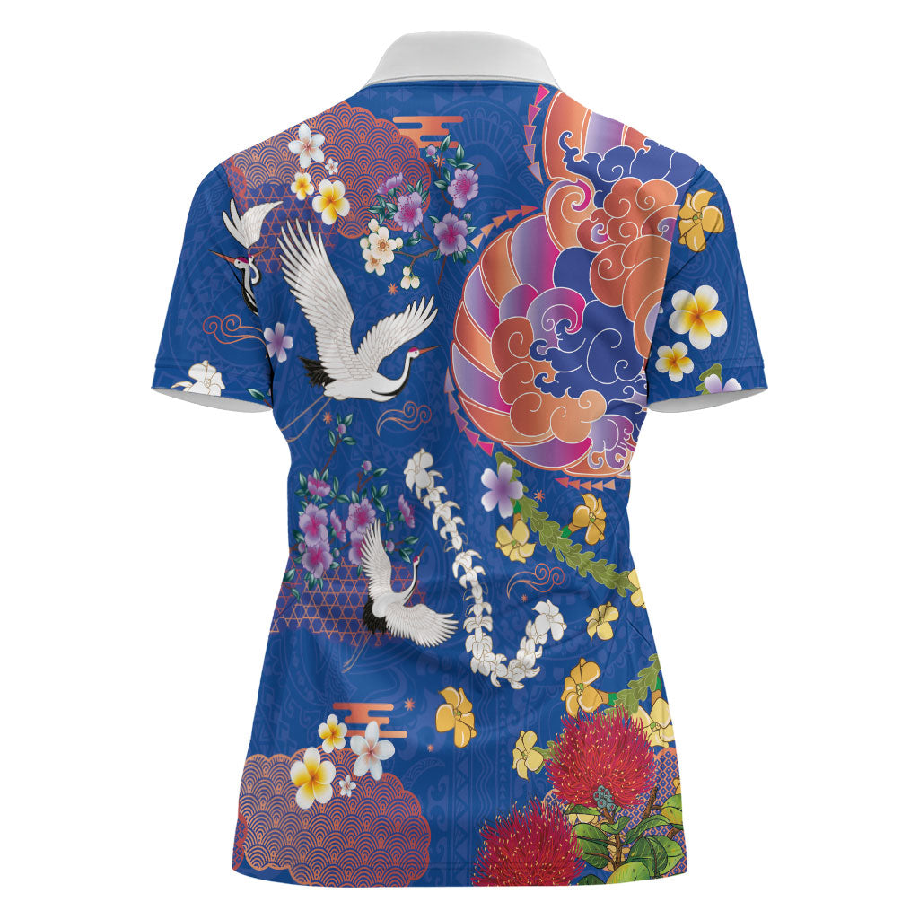 Hawaiian and Japanese Culture Together Women Polo Shirt Kakau Tribal Pattern and Irezumi Art Blue Color