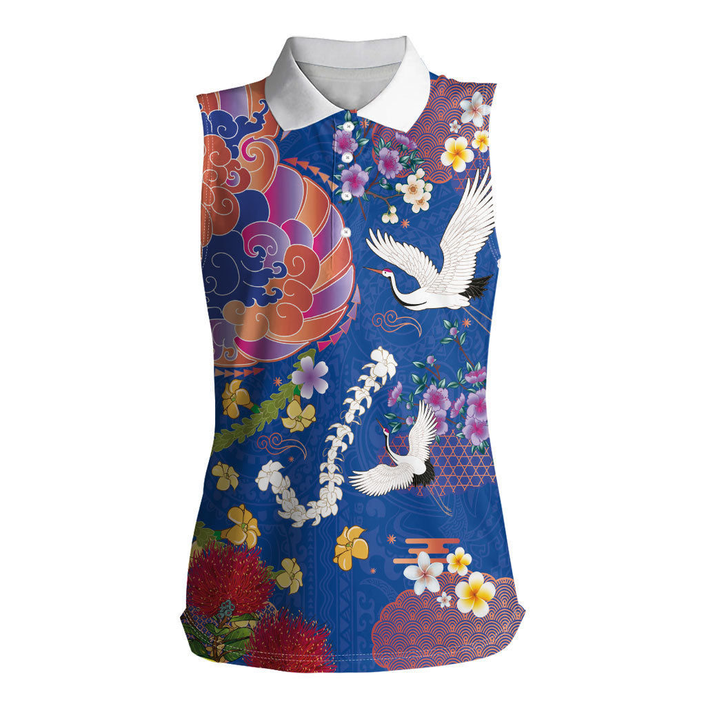 Hawaiian and Japanese Culture Together Women Sleeveless Polo Shirt Kakau Tribal Pattern and Irezumi Art Blue Color LT03 Female Blue - Polynesian Pride