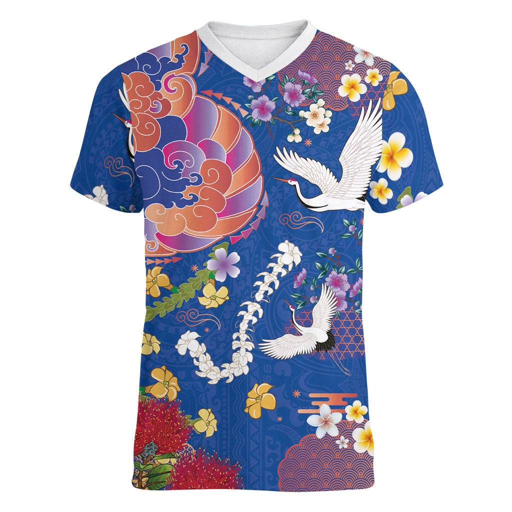 Hawaiian and Japanese Culture Together Women V-Neck T-Shirt Kakau Tribal Pattern and Irezumi Art Blue Color LT03 Female Blue - Polynesian Pride
