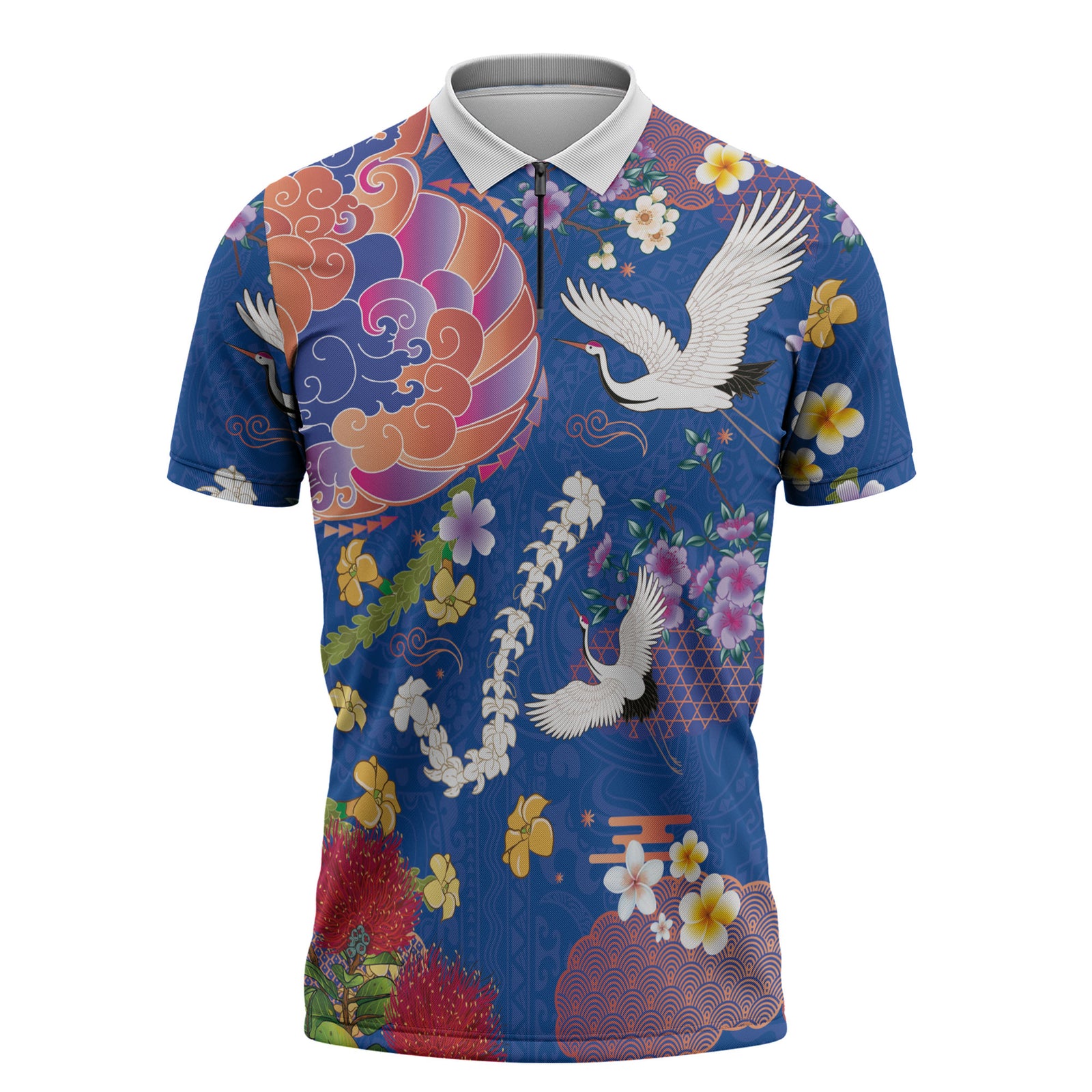 Hawaiian and Japanese Culture Together Zipper Polo Shirt Kakau Tribal Pattern and Irezumi Art Blue Color LT03 Blue - Polynesian Pride