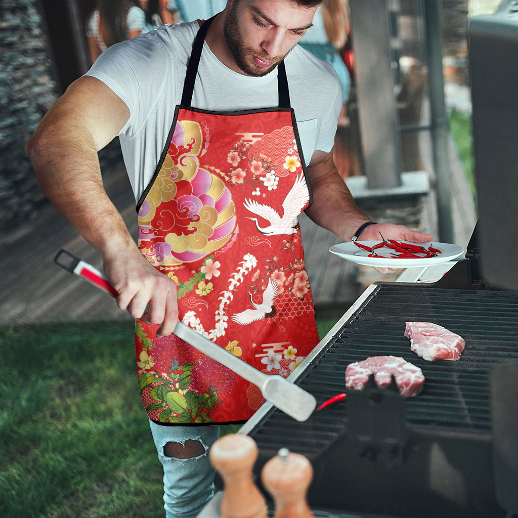 Hawaiian and Japanese Culture Together Apron Kakau Tribal Pattern and Irezumi Art Red Color LT03 - Polynesian Pride