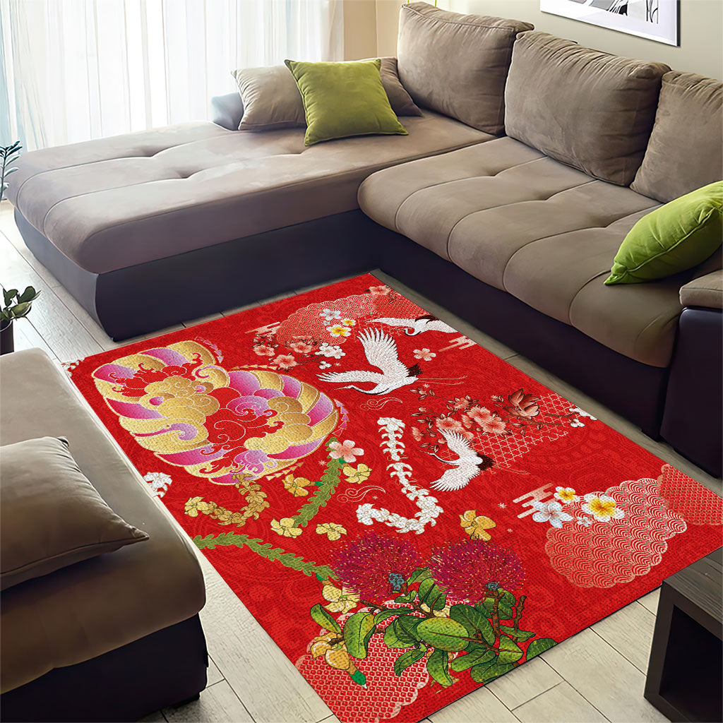 Hawaiian and Japanese Culture Together Area Rug Kakau Tribal Pattern and Irezumi Art Red Color LT03 - Polynesian Pride