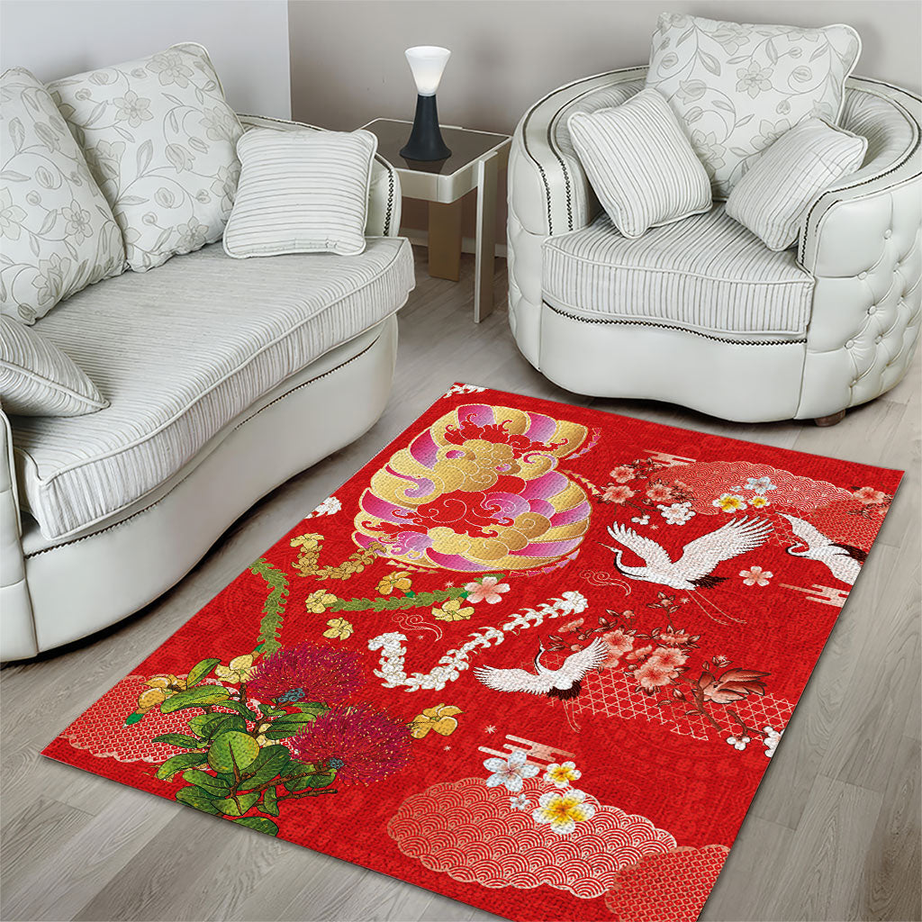 Hawaiian and Japanese Culture Together Area Rug Kakau Tribal Pattern and Irezumi Art Red Color LT03 - Polynesian Pride