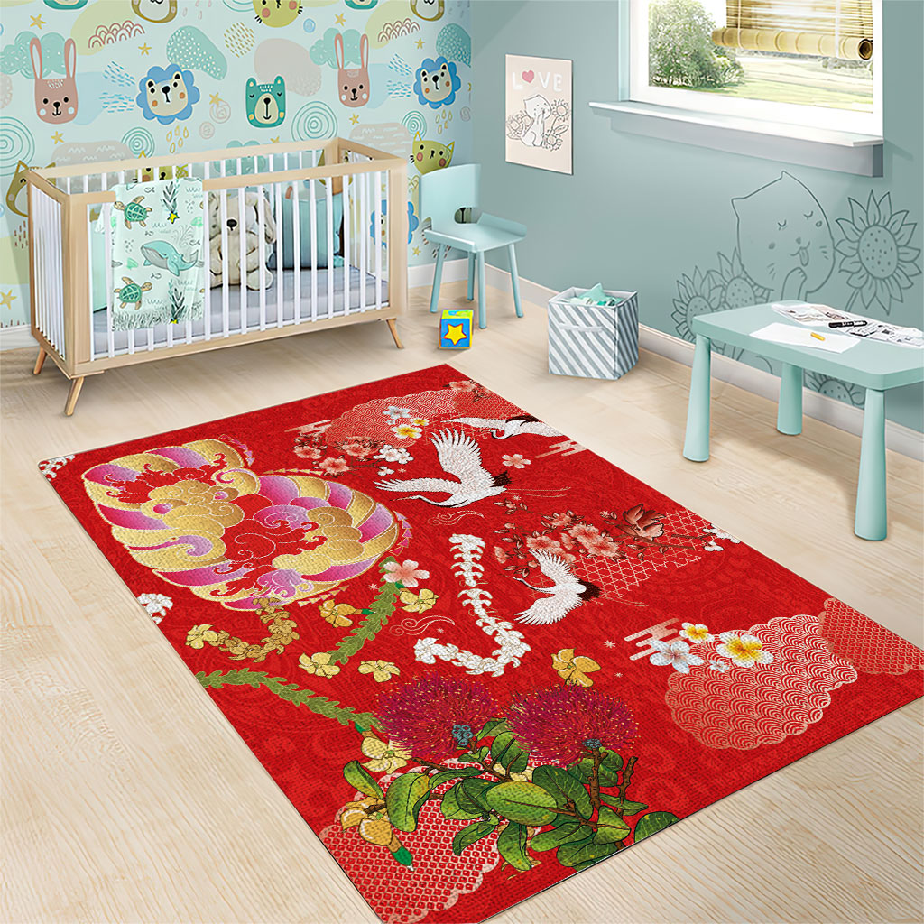 Hawaiian and Japanese Culture Together Area Rug Kakau Tribal Pattern and Irezumi Art Red Color LT03 - Polynesian Pride