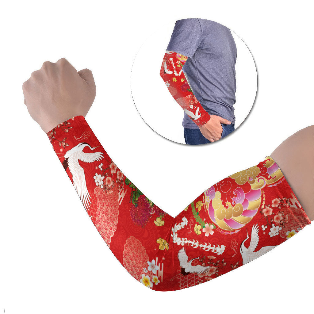 Hawaiian and Japanese Culture Together Arm Sleeves Kakau Tribal Pattern and Irezumi Art Red Color LT03 Set of 2 Red - Polynesian Pride