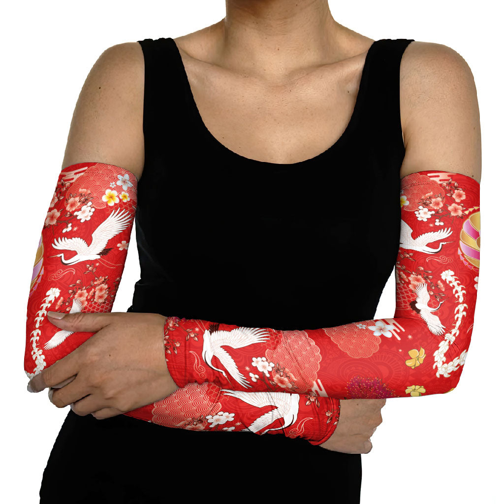 Hawaiian and Japanese Culture Together Arm Sleeves Kakau Tribal Pattern and Irezumi Art Red Color LT03 - Polynesian Pride
