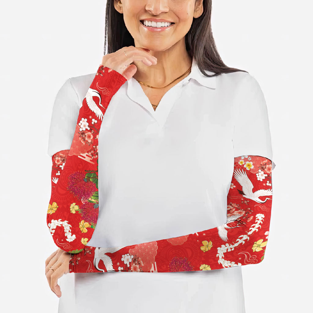 Hawaiian and Japanese Culture Together Arm Sleeves Kakau Tribal Pattern and Irezumi Art Red Color LT03 - Polynesian Pride