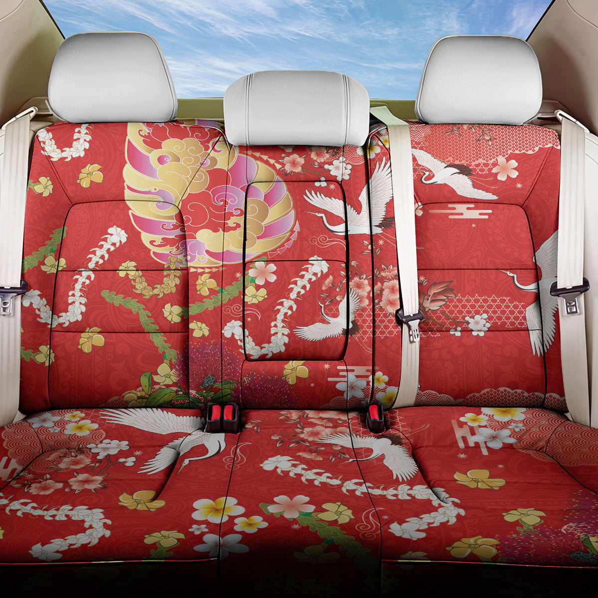 Hawaiian and Japanese Culture Together Back Car Seat Cover Kakau Tribal Pattern and Irezumi Art Red Color LT03 One Size Red - Polynesian Pride