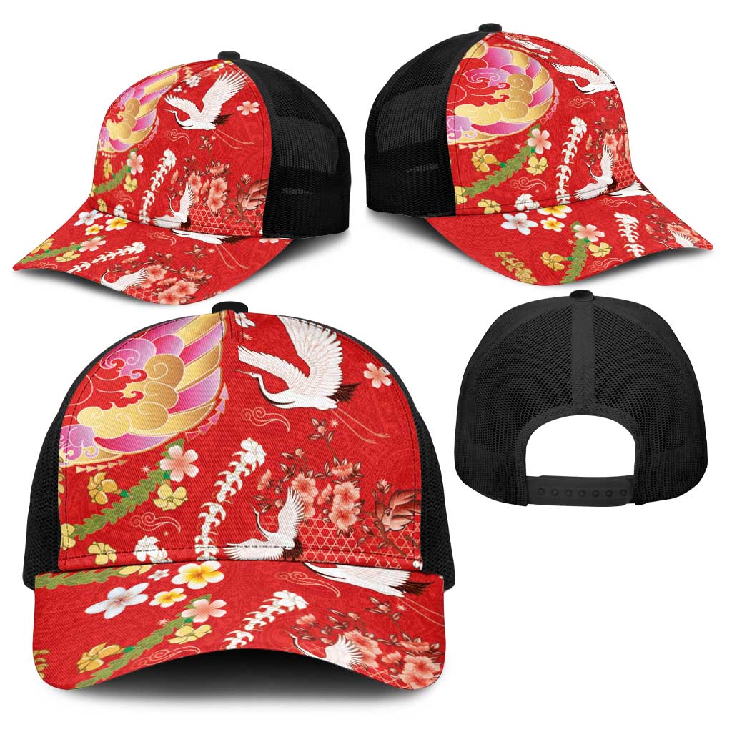 Hawaiian and Japanese Culture Together Baseball Net Cap Kakau Tribal Pattern and Irezumi Art Red Color LT03 - Polynesian Pride