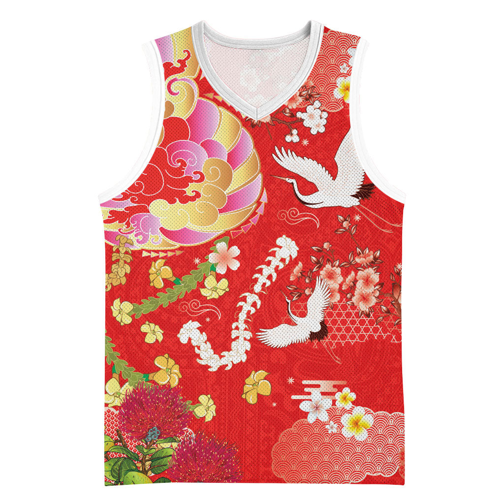 Hawaiian and Japanese Culture Together Basketball Jersey Kakau Tribal Pattern and Irezumi Art Red Color LT03 Unisex Red - Polynesian Pride