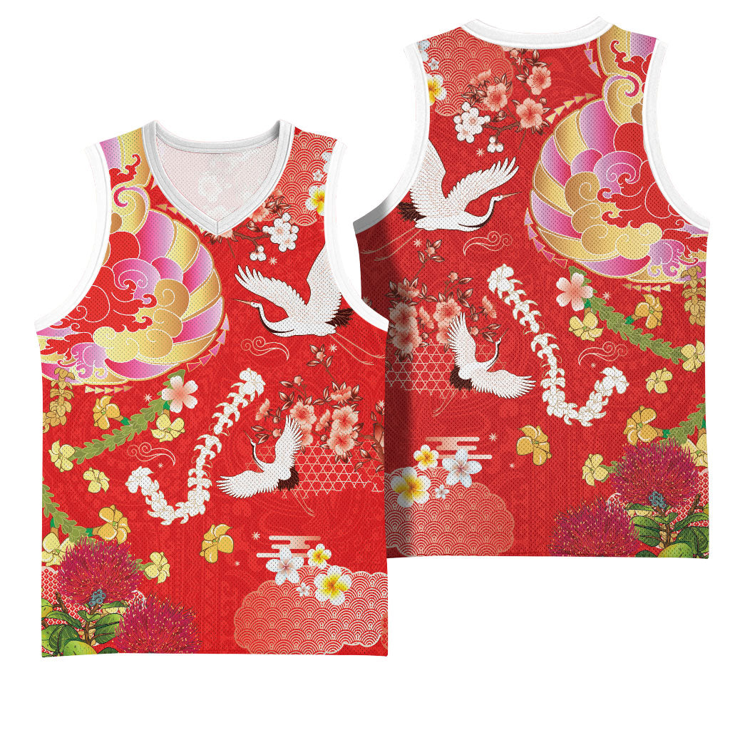 Hawaiian and Japanese Culture Together Basketball Jersey Kakau Tribal Pattern and Irezumi Art Red Color