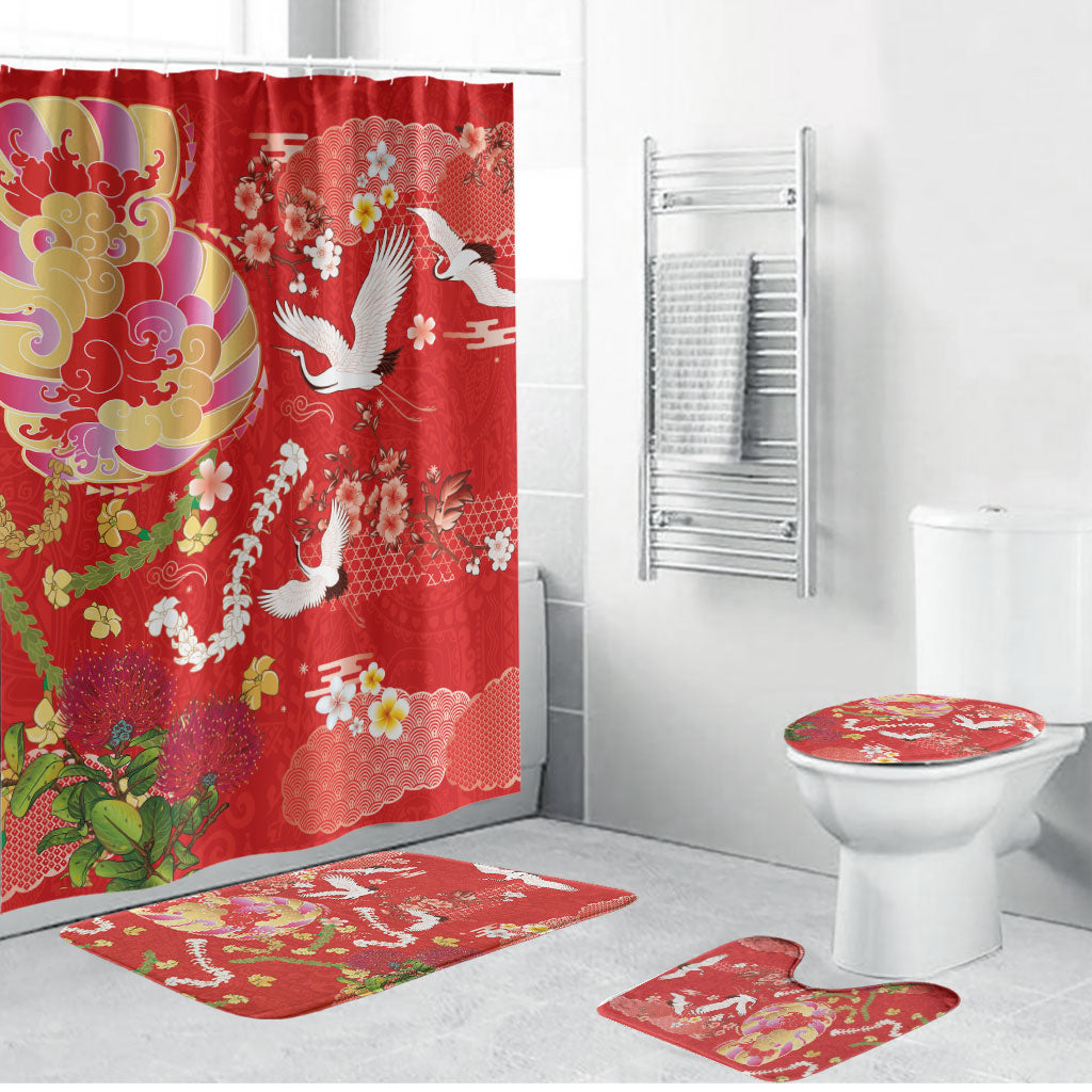 Hawaiian and Japanese Culture Together Bathroom Set Kakau Tribal Pattern and Irezumi Art Red Color LT03 Bathroom Set (4 pcs) Red - Polynesian Pride