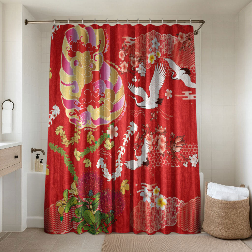 Hawaiian and Japanese Culture Together Bathroom Set Kakau Tribal Pattern and Irezumi Art Red Color LT03 Shower Curtain Only Red - Polynesian Pride