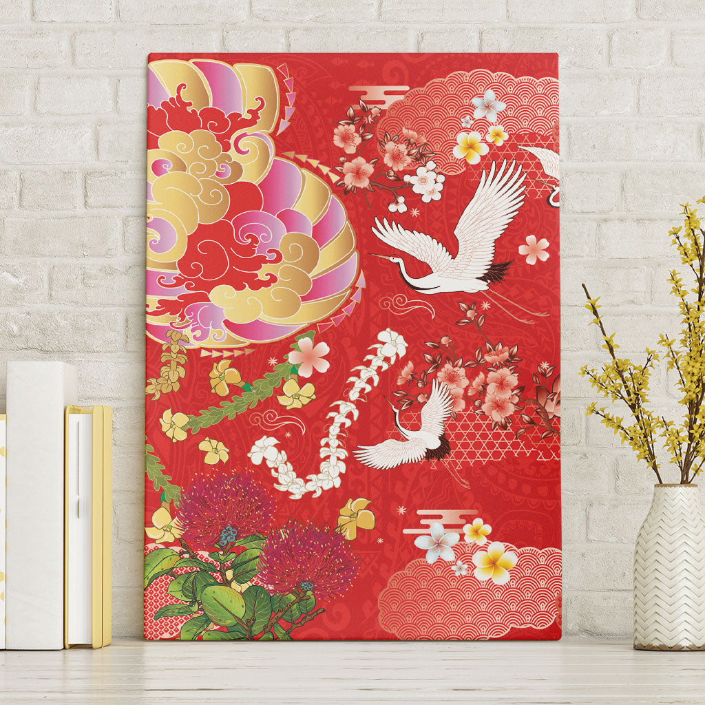 Hawaiian and Japanese Culture Together Canvas Wall Art Kakau Tribal Pattern and Irezumi Art Red Color LT03 Without Frame Red - Polynesian Pride
