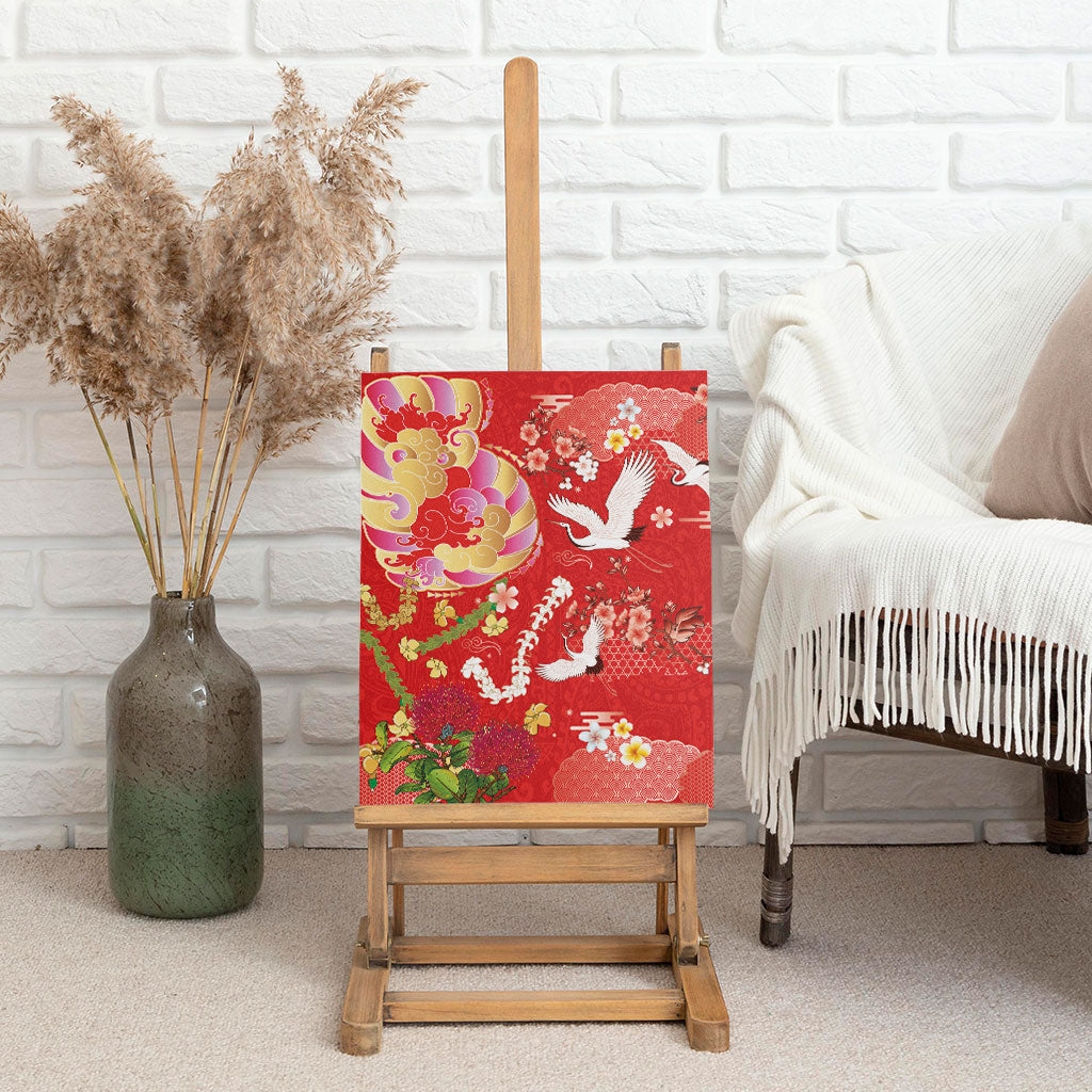 Hawaiian and Japanese Culture Together Canvas Wall Art Kakau Tribal Pattern and Irezumi Art Red Color LT03 - Polynesian Pride
