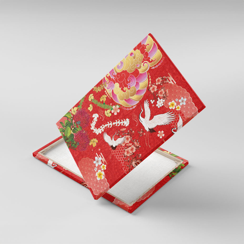 Hawaiian and Japanese Culture Together Canvas Wall Art Kakau Tribal Pattern and Irezumi Art Red Color LT03 With Frame Red - Polynesian Pride
