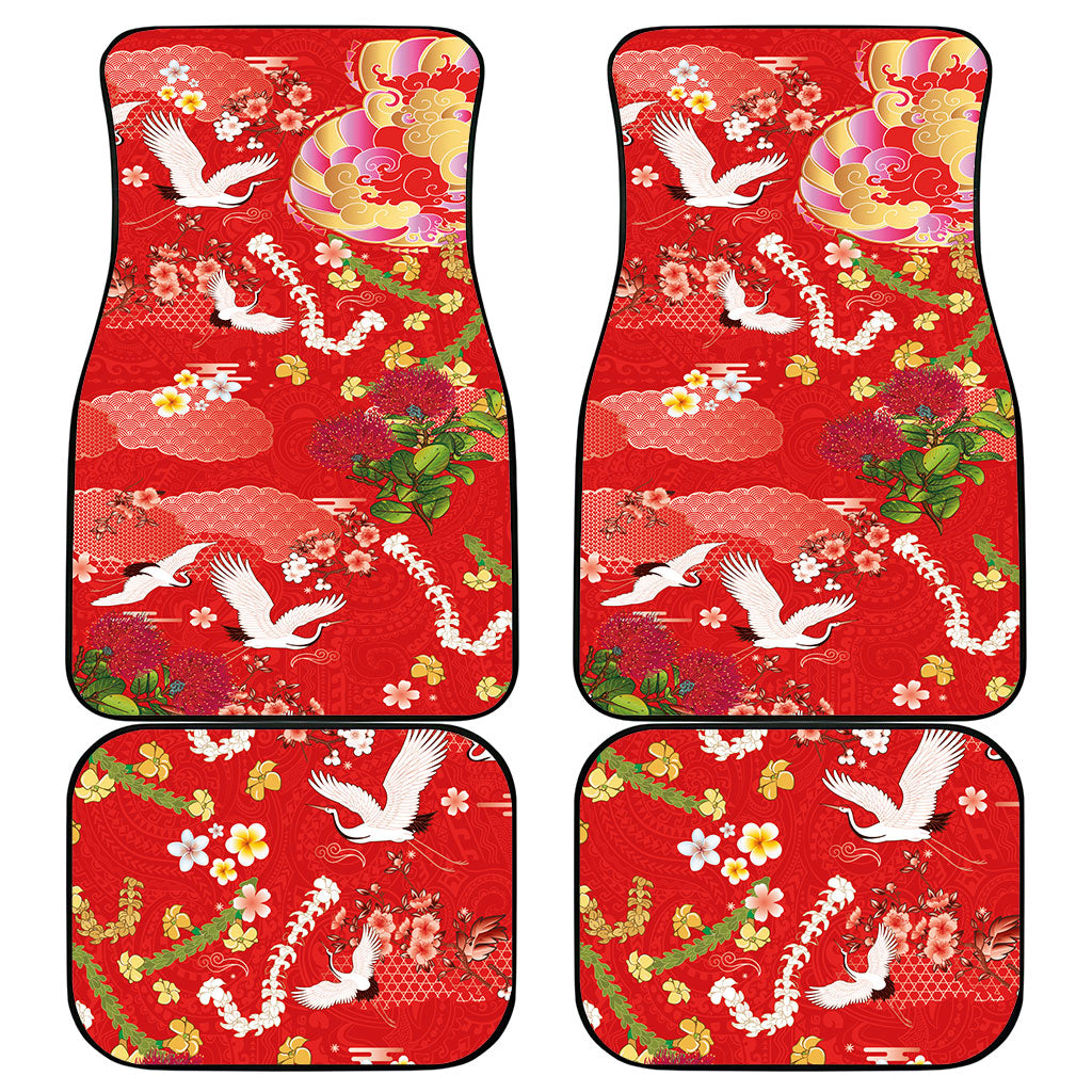 Hawaiian and Japanese Culture Together Car Mats Kakau Tribal Pattern and Irezumi Art Red Color LT03 - Polynesian Pride