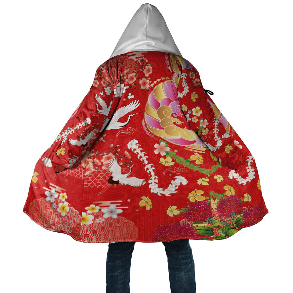 Hawaiian and Japanese Culture Together Cloak Kakau Tribal Pattern and Irezumi Art Red Color LT03 Unisex Red - Polynesian Pride