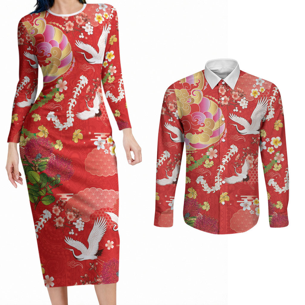 Hawaiian and Japanese Culture Together Couples Matching Long Sleeve Bodycon Dress and Long Sleeve Button Shirt Kakau Tribal Pattern and Irezumi Art Red Color LT03 Red - Polynesian Pride