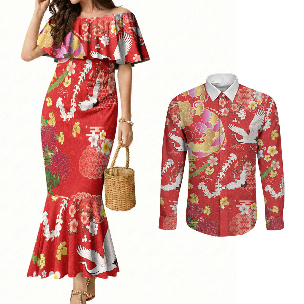 Hawaiian and Japanese Culture Together Couples Matching Mermaid Dress and Long Sleeve Button Shirt Kakau Tribal Pattern and Irezumi Art Red Color LT03 Red - Polynesian Pride