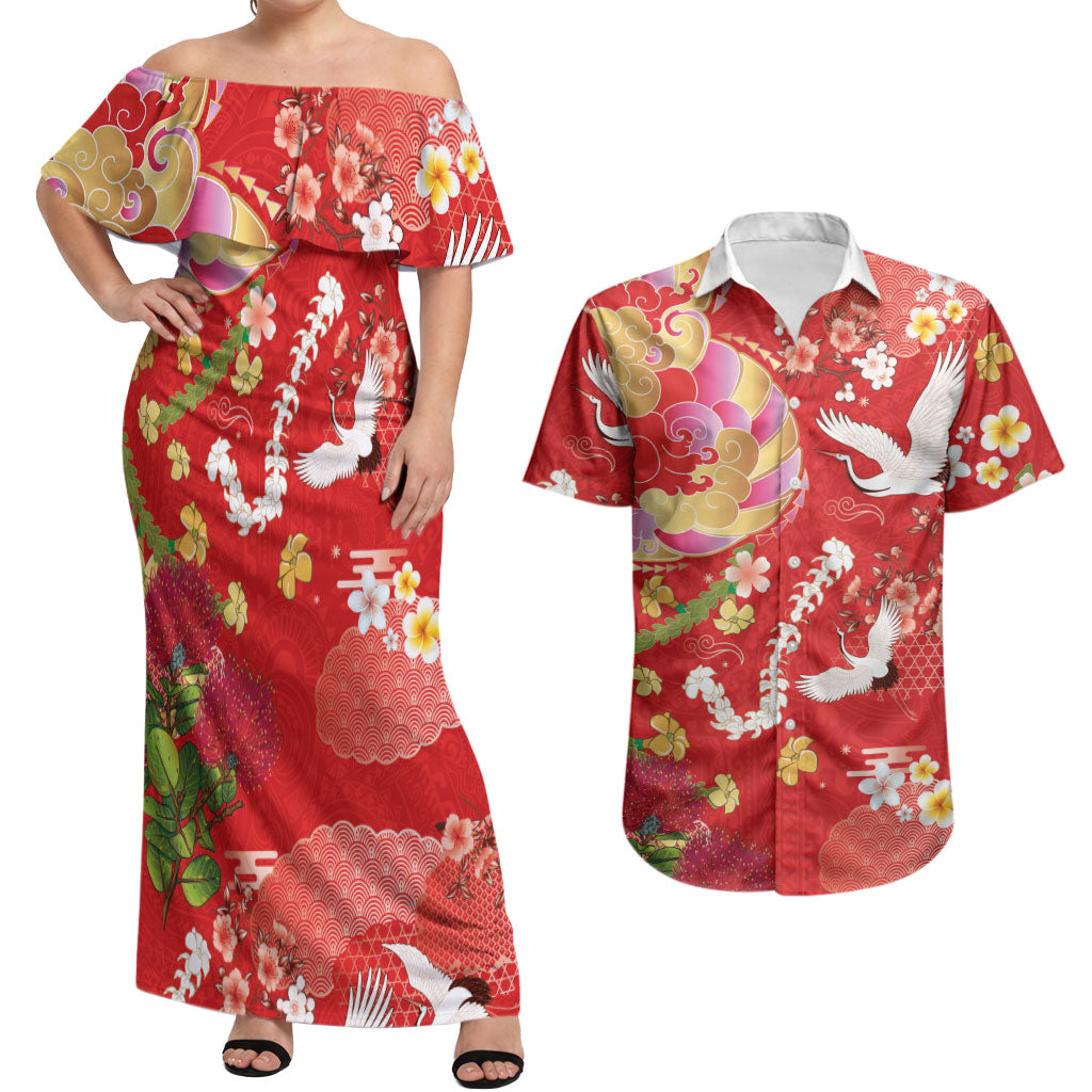 Hawaiian and Japanese Culture Together Couples Matching Off Shoulder Maxi Dress and Hawaiian Shirt Kakau Tribal Pattern and Irezumi Art Red Color LT03 Red - Polynesian Pride