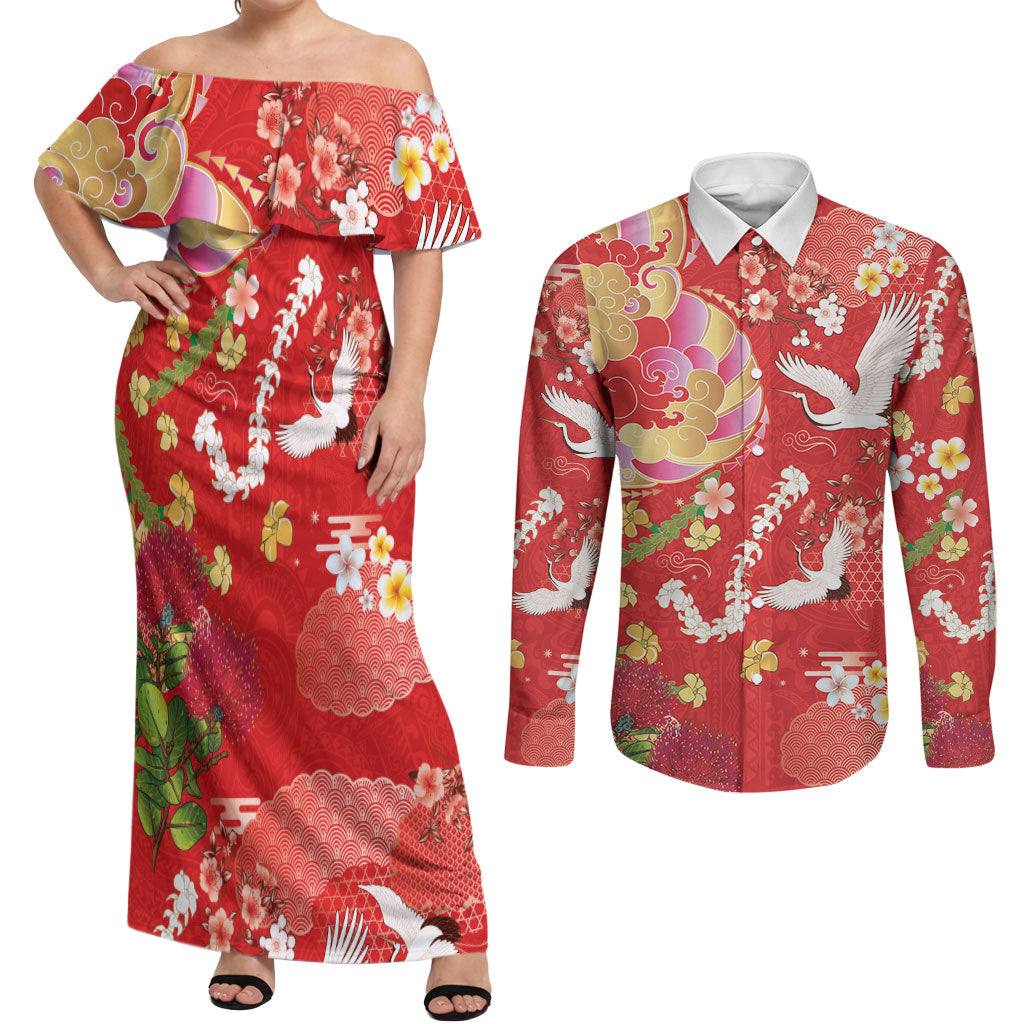 Hawaiian and Japanese Culture Together Couples Matching Off Shoulder Maxi Dress and Long Sleeve Button Shirt Kakau Tribal Pattern and Irezumi Art Red Color LT03 Red - Polynesian Pride