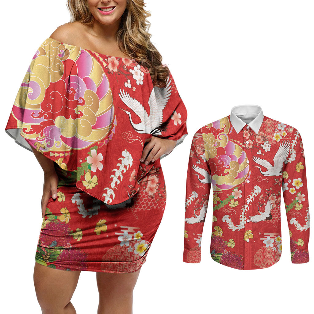 Hawaiian and Japanese Culture Together Couples Matching Off Shoulder Short Dress and Long Sleeve Button Shirt Kakau Tribal Pattern and Irezumi Art Red Color LT03 Red - Polynesian Pride