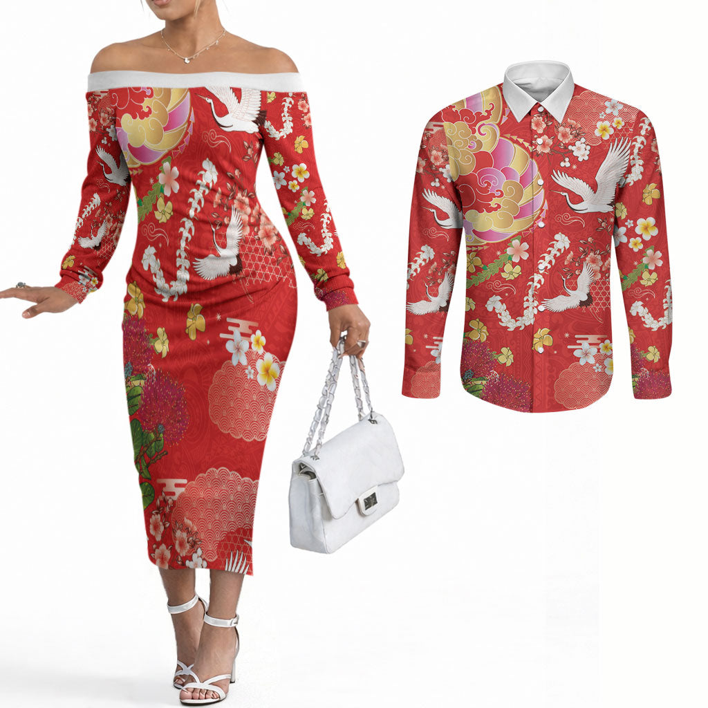Hawaiian and Japanese Culture Together Couples Matching Off The Shoulder Long Sleeve Dress and Long Sleeve Button Shirt Kakau Tribal Pattern and Irezumi Art Red Color LT03 Red - Polynesian Pride