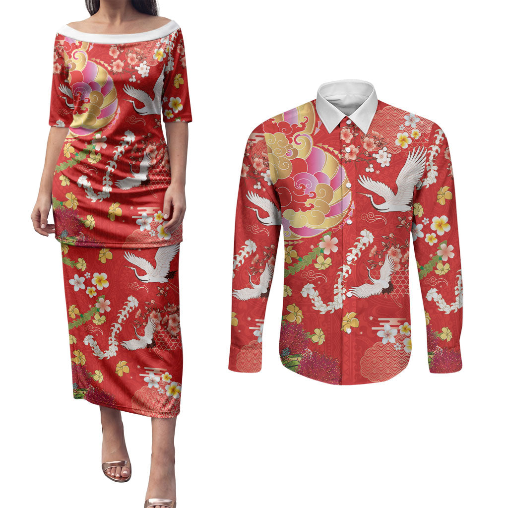 Hawaiian and Japanese Culture Together Couples Matching Puletasi and Long Sleeve Button Shirt Kakau Tribal Pattern and Irezumi Art Red Color LT03 Red - Polynesian Pride
