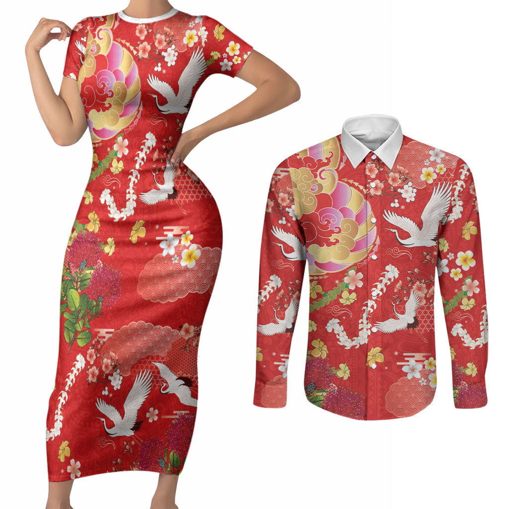 Hawaiian and Japanese Culture Together Couples Matching Short Sleeve Bodycon Dress and Long Sleeve Button Shirt Kakau Tribal Pattern and Irezumi Art Red Color LT03 Red - Polynesian Pride