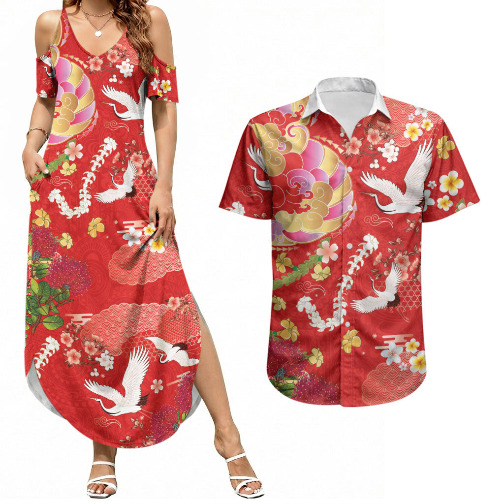 Hawaiian and Japanese Culture Together Couples Matching Summer Maxi Dress and Hawaiian Shirt Kakau Tribal Pattern and Irezumi Art Red Color LT03 Red - Polynesian Pride