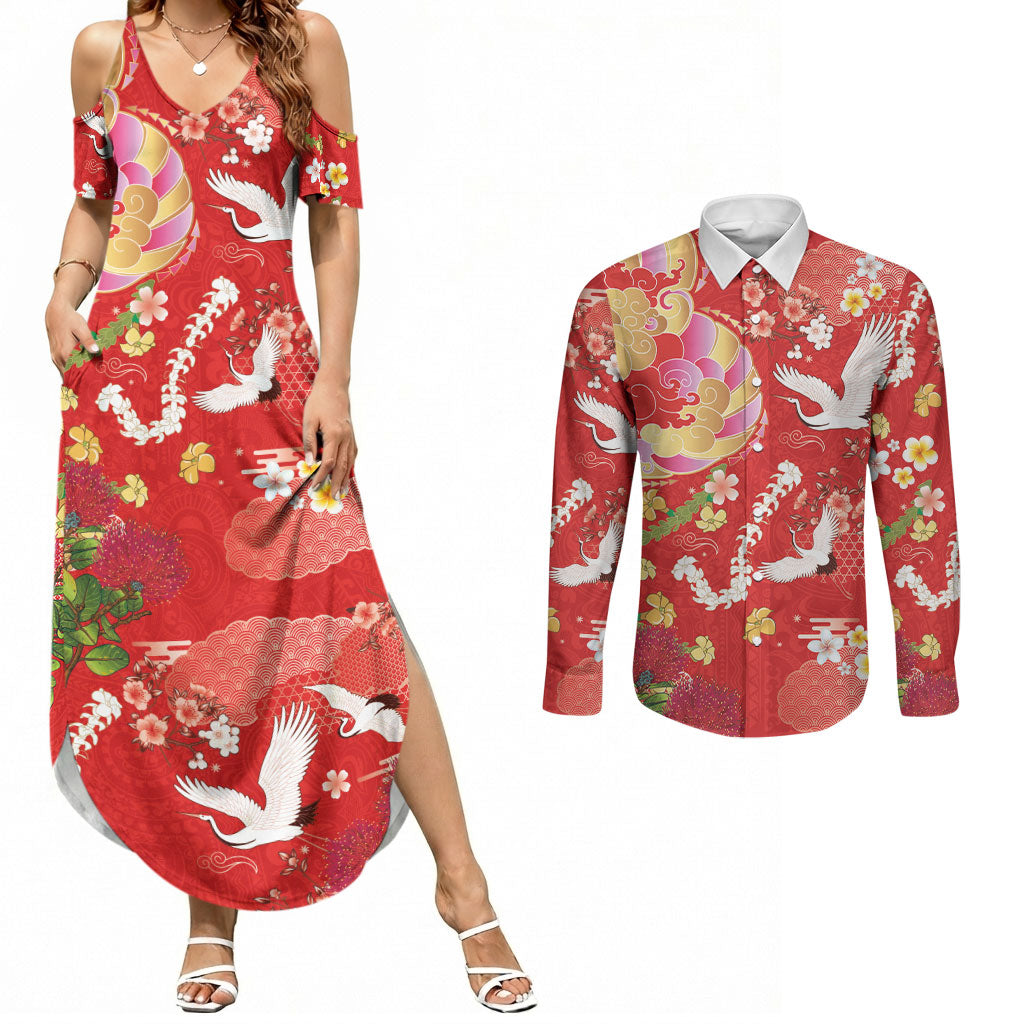 Hawaiian and Japanese Culture Together Couples Matching Summer Maxi Dress and Long Sleeve Button Shirt Kakau Tribal Pattern and Irezumi Art Red Color LT03 Red - Polynesian Pride