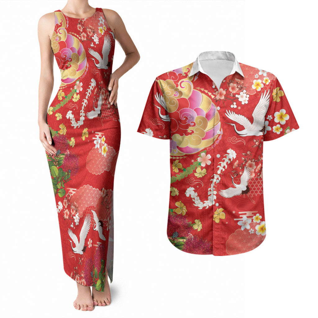 Hawaiian and Japanese Culture Together Couples Matching Tank Maxi Dress and Hawaiian Shirt Kakau Tribal Pattern and Irezumi Art Red Color LT03 Red - Polynesian Pride