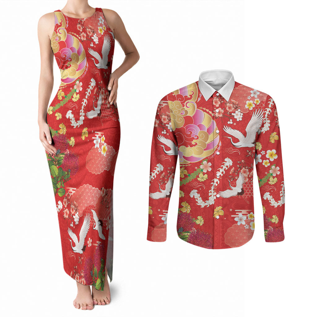 Hawaiian and Japanese Culture Together Couples Matching Tank Maxi Dress and Long Sleeve Button Shirt Kakau Tribal Pattern and Irezumi Art Red Color LT03 Red - Polynesian Pride