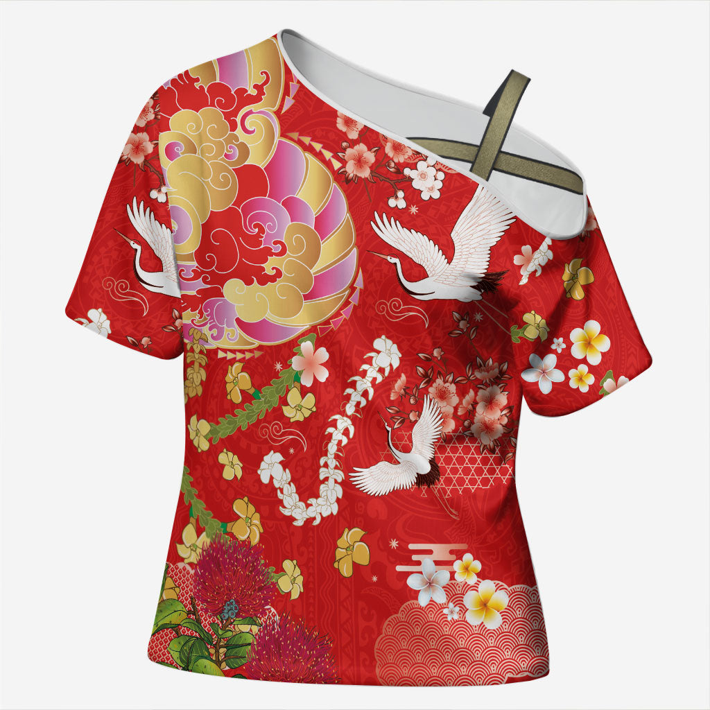 Hawaiian and Japanese Culture Together Cross Shoulder Shirt Kakau Tribal Pattern and Irezumi Art Red Color LT03 Female Red - Polynesian Pride