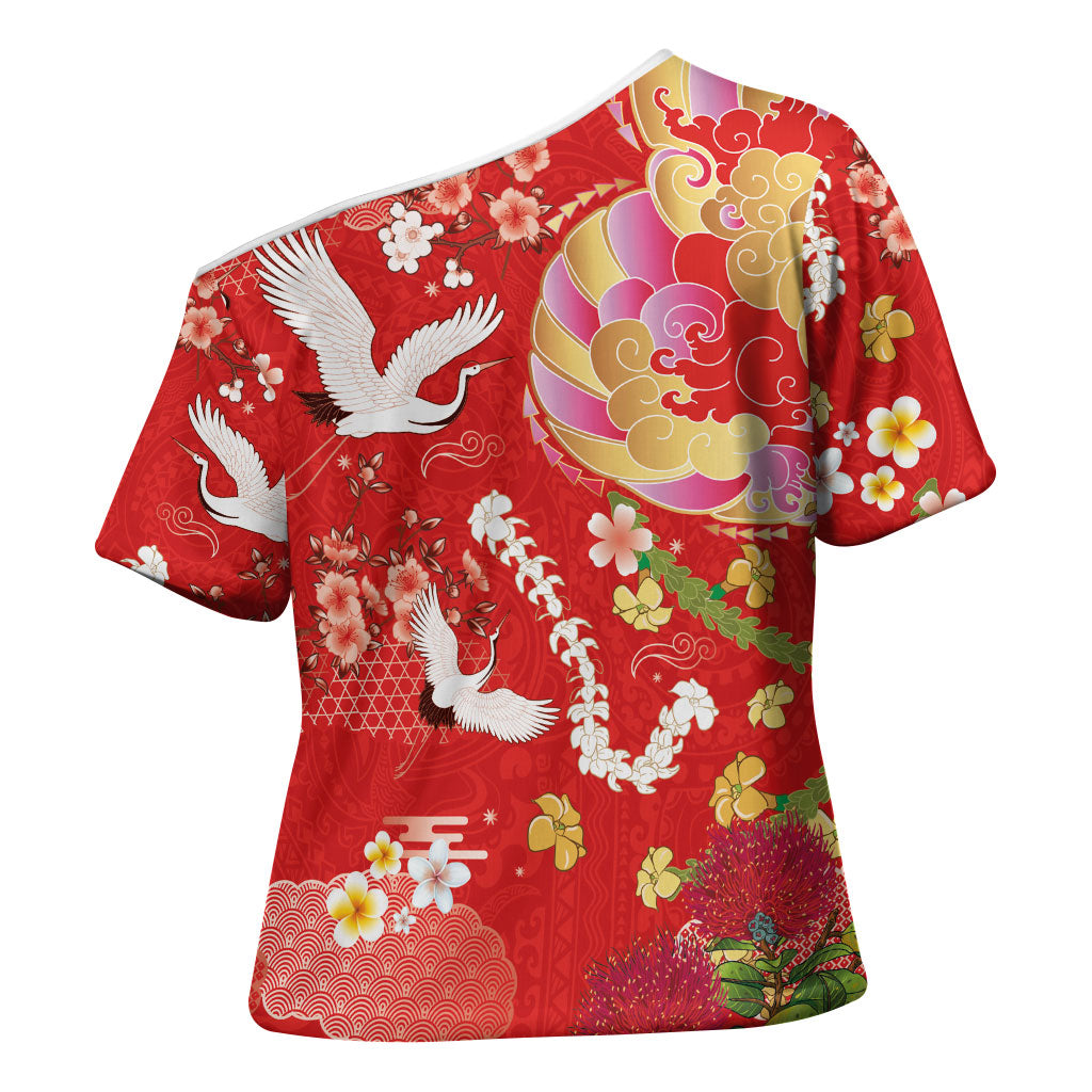 Hawaiian and Japanese Culture Together Cross Shoulder Shirt Kakau Tribal Pattern and Irezumi Art Red Color