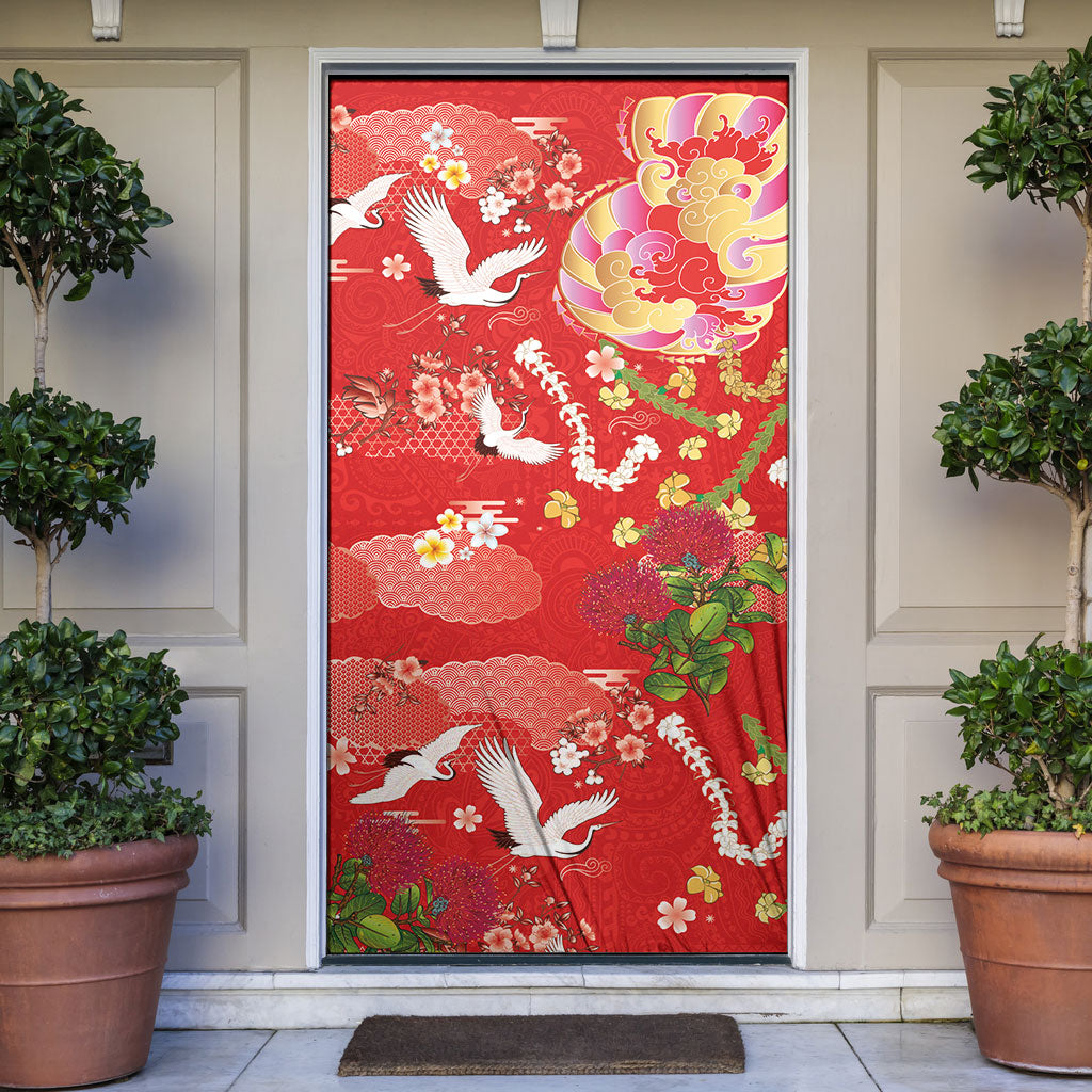 Hawaiian and Japanese Culture Together Door Cover Kakau Tribal Pattern and Irezumi Art Red Color LT03 Red - Polynesian Pride