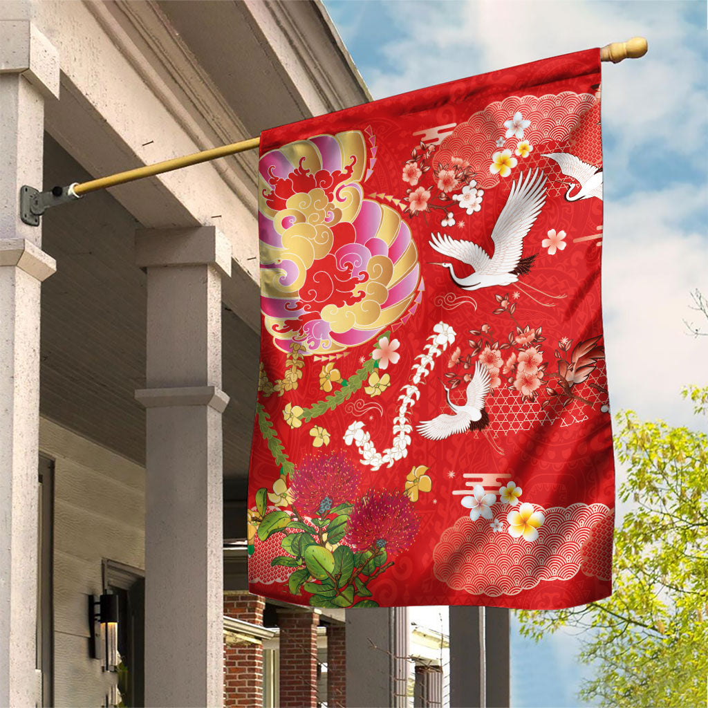 Hawaiian and Japanese Culture Together Garden Flag Kakau Tribal Pattern and Irezumi Art Red Color LT03 House Flag Red - Polynesian Pride