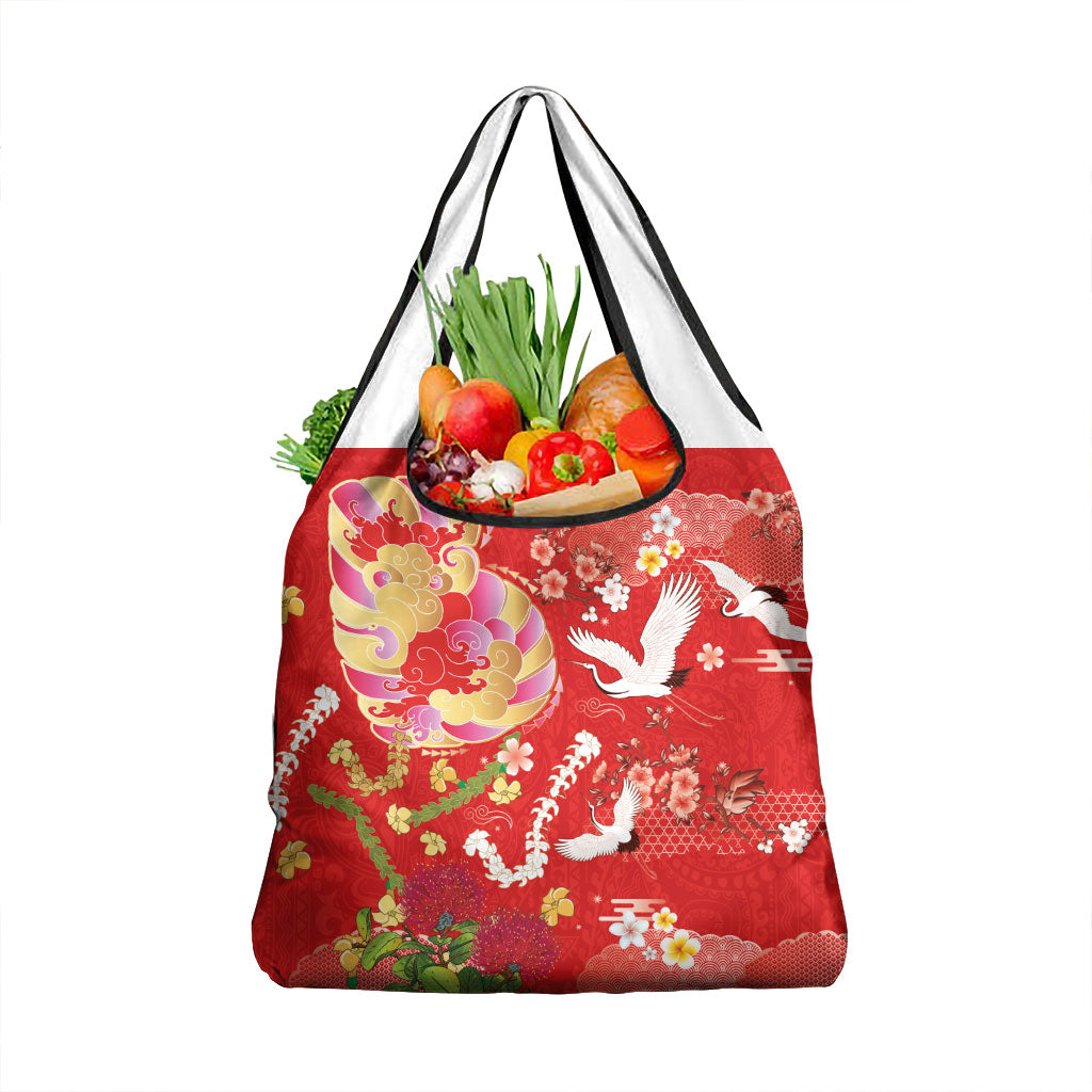 Hawaiian and Japanese Culture Together Grocery Bag Kakau Tribal Pattern and Irezumi Art Red Color LT03 1-pack One Size Red - Polynesian Pride