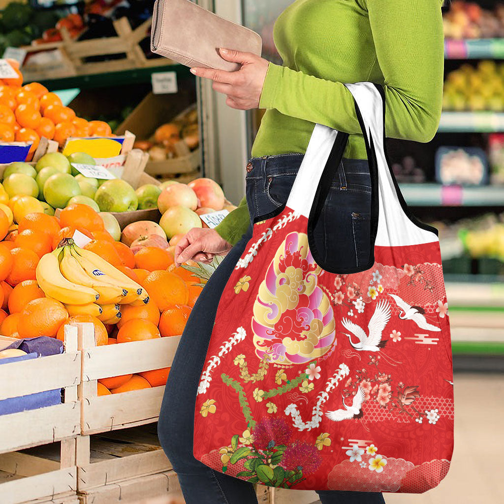 Hawaiian and Japanese Culture Together Grocery Bag Kakau Tribal Pattern and Irezumi Art Red Color LT03 - Polynesian Pride