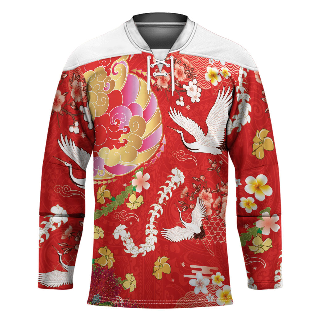 Hawaiian and Japanese Culture Together Hockey Jersey Kakau Tribal Pattern and Irezumi Art Red Color LT03 Unisex Red - Polynesian Pride