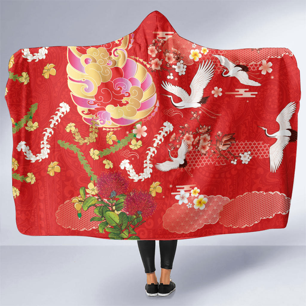 Hawaiian and Japanese Culture Together Hooded Blanket Kakau Tribal Pattern and Irezumi Art Red Color LT03 One Size Red - Polynesian Pride